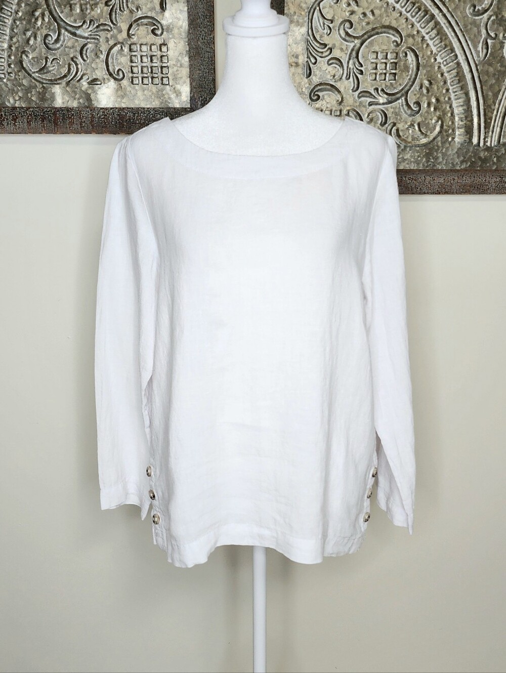 NWT Sigrid Olsen Classic White Linen Coastal Grandma Button-Hem Top Small Beachy